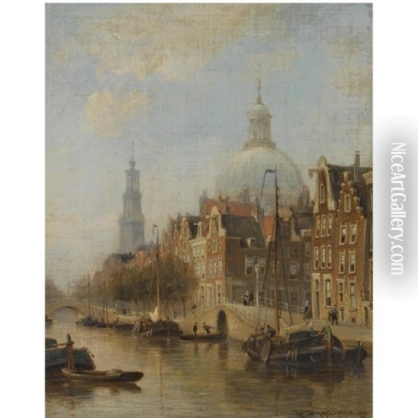 A View Of An Amsterdam Canal (nieuwezijds Voorburgwal ?), With The Nieuwe Lutherse Kerk And The Westertoren In The Distance Oil Painting - Cornelis Christiaan Dommelshuizen