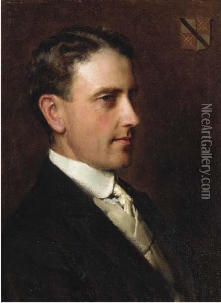 Portrait Of A William Muerdie 
Esq., Small Quarter-length, In Ablack Coat, A Coat-of-arms Beyond Oil Painting - William Logsdail
