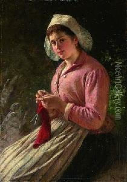Strickende Junge Frau Mit
 Spitzenhaube. Oil Painting - Rudolf Epp