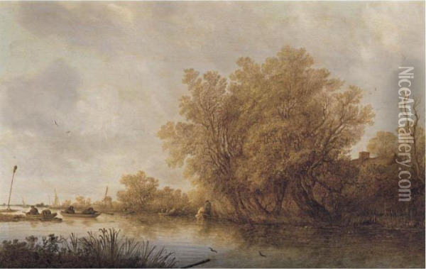 A River Landscape With Fishermen Oil Painting - Salomon van Ruysdael