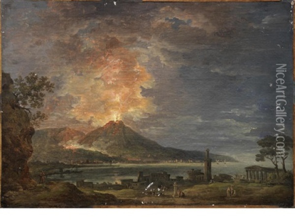 A Capriccio Of Classical Ruins With A Volcano Erupting On The Horizon Oil Painting - Jean Baptiste Francois Genillion