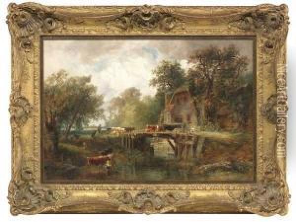 River Landscape With A Mill And A Drove Oil Painting - Carl Ebert
