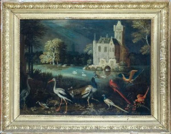 Paysage Aux Oiseaux Pres Du Chateau Oil Painting - Gijsbert Gillisz. de Hondecoeter