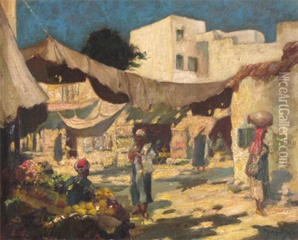 North African Market Scene Oil Painting - Frederick-Davenport Bates