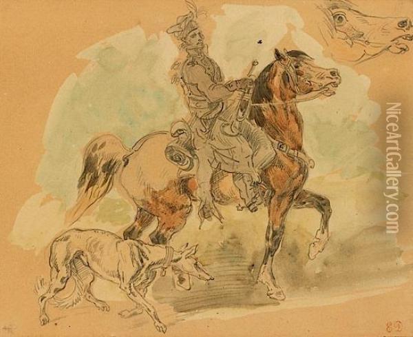 Trompette A Cheval Accompagne D'un Levrier, Avec Reprise De La Tete Du Cheval Oil Painting - Eugene Delacroix