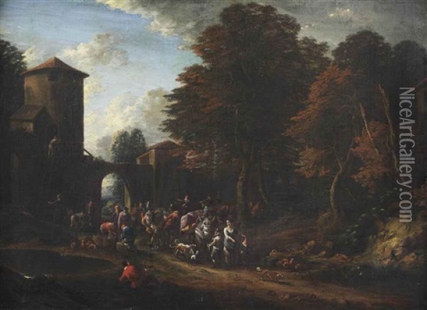 A Wooded Landscape With Merchants Near A Village Gate Oil Painting - Adriaen Frans Boudewyns the Elder