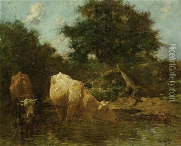 Kuhe Am Fluss Oil Painting - Felix Dominique De Vuillefroy