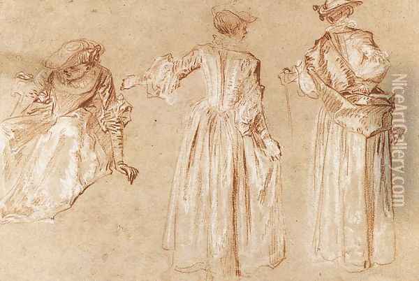 Three Studies of a Lady with a Hat c. 1715 Oil Painting - Jean-Antoine Watteau