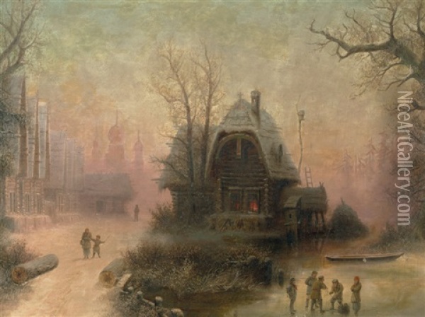 Verschneites Russisches Dorf Im Abendlicht Oil Painting - Albert Bredow