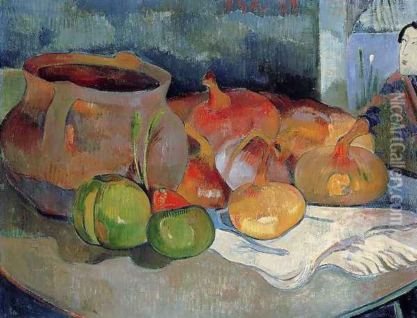 Still Life With Onions Beetroot And A Japanese Print Oil Painting - Paul Gauguin