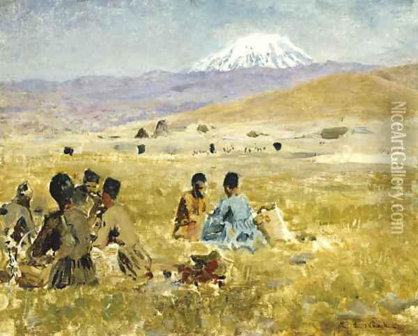 Persians lunching on the Grass, Mt. Ararat in the Distance Oil Painting - Edwin Lord Weeks