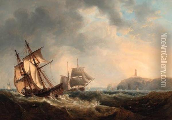 Trading Brigs Passing In The 
Channel Off Flamborough Head; Andshipping Becalmed In The Humber Off 
Spurn Point Oil Painting - John Wilson Carmichael
