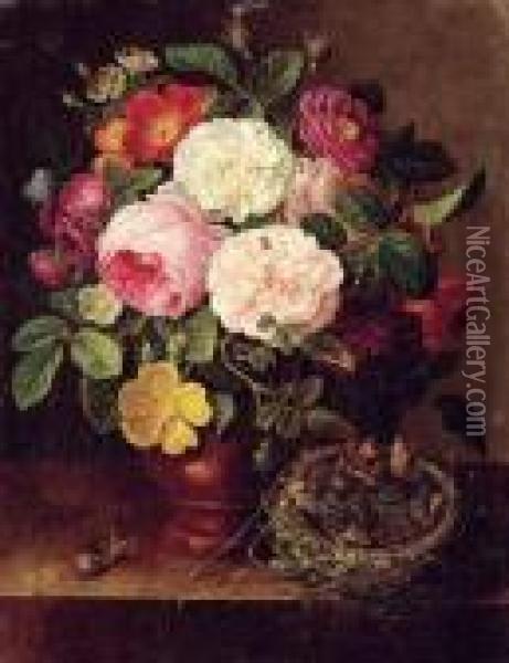 Bouquet De Fleurs Et Nid D'oiseaux Sur Un Entablement Oil Painting - Gottfried Wilhelm Voelcker