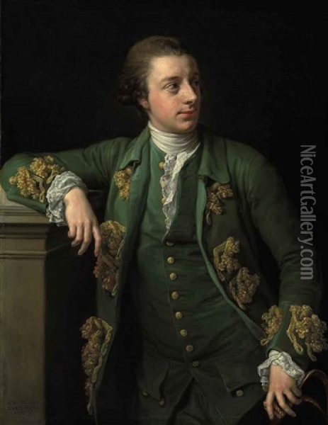 Portrait Of Thomas Fortescue, M.p., In A Gold Brocaded Green Coat, A Tricorn In His Left Hand Oil Painting - Pompeo Girolamo Batoni