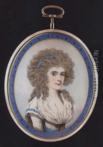 A Lady With Blue Ribbon Bandeau In Her Powdered Wig, Wearing White Dress, Capped Sleeve Trimmed With Blue Ribbon And Matching Waistband Oil Painting - Frederick Buck