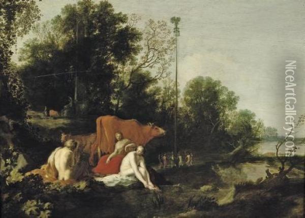 An Arcadian Wooded Landscape 
With Nymphs And Cattle, A Figure Dancing Around A Maypole Beyond Oil Painting - Moyses or Moses Matheusz. van Uyttenbroeck