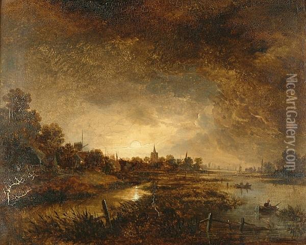 A Riverside Village At Sunset Oil Painting - Aert van der Neer
