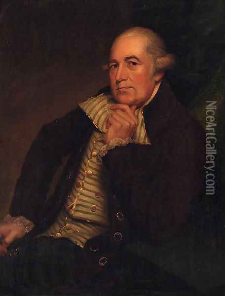Portrait of George Maltby, seated three-quarter-length, in a brown coat and green and white striped waistcoat Oil Painting - George Romney