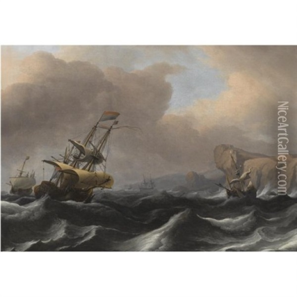 A Dutch Frigate And Other Shipping In Stormy Seas Along A Rocky Coastline Oil Painting - Aernout (Johann Arnold) Smit