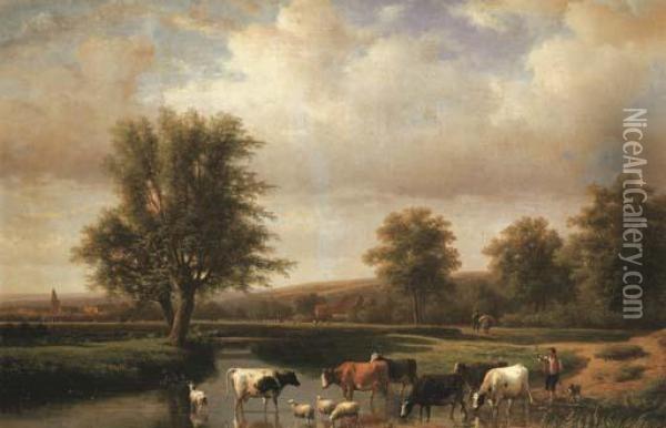 River Landscape With Cattle Oil Painting - Eugene Joseph Verboeckhoven