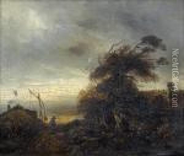 Sturmische Landschaft Mit Hausern Und Bauerin. Oil Painting - Georges Michel