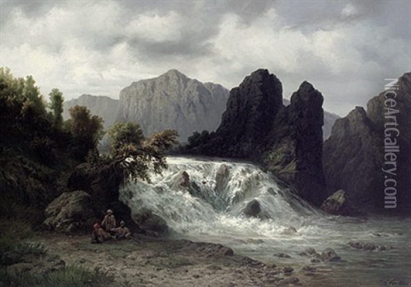 Wildbach Im Kaukasus Mit Rastenden Jagern Am Ufer Oil Painting - Waldemar Knoll