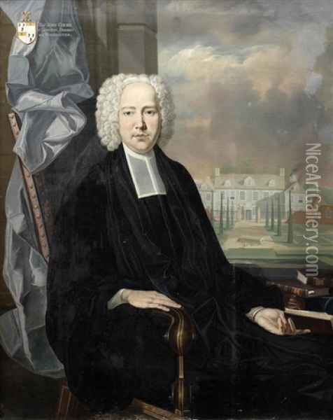 Portrait Of Reverend John Coker (1697-1765) Of Langton, Dorset And Woodcotes, Three-quarter-length, Seated Holding A Bible With Langton House Beyond; And Portrait Of Mrs Elizabeth Coker (1710-1765) Oil Painting - Richard Phelps