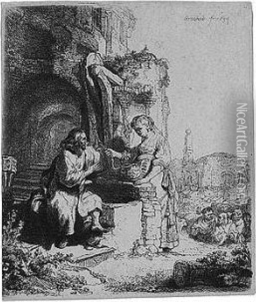 Christ And The Woman Of Samaria Among Ruins (b., Holl.71; H.122; Bb.34-l) Oil Painting - Rembrandt Van Rijn