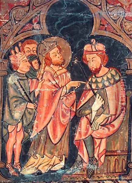 St. Cyprian (c.200-258) Bishop of Carthage brought before Emperor Valerian (r.253-60) 1300-25 Oil Painting - Anonymous Artist