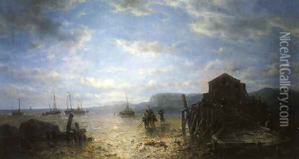 Beached Bomschuiten and Shrimp Fishers by a Jetty at Low Tide Oil Painting - Francois Etienne Musin