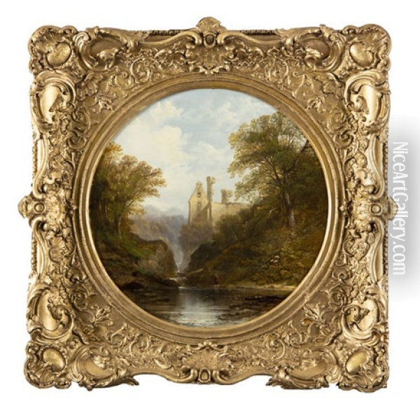 Fisherman By Ruins In A Wooded River Landscape Oil Painting - Thomas Creswick