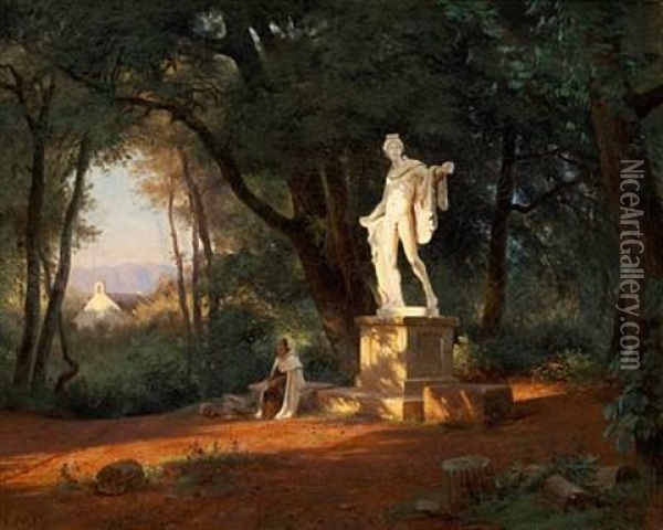 A Fatigued Wanderer Is Taking A Rest In The Shadow Of The Statue Of Apollo Belvedere In A Park Near Florence Oil Painting - Frederik Niels Martin Rohde