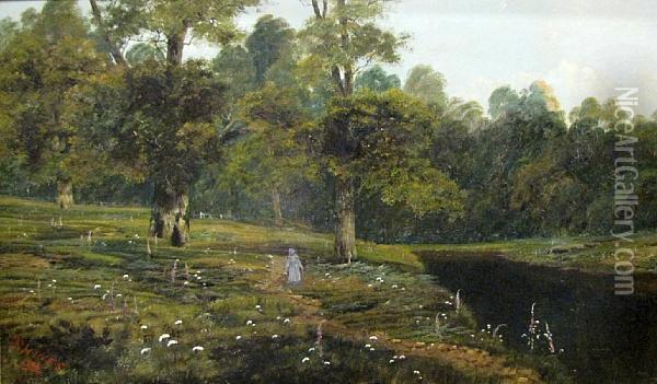 A River Landscape With A Figure On A Path Oil Painting - Theodore Hines