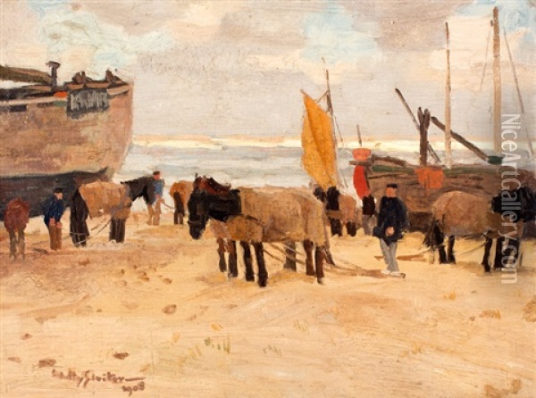 Bomschuiten Op Het Katwijkse Strand Oil Painting - Willy Sluijter