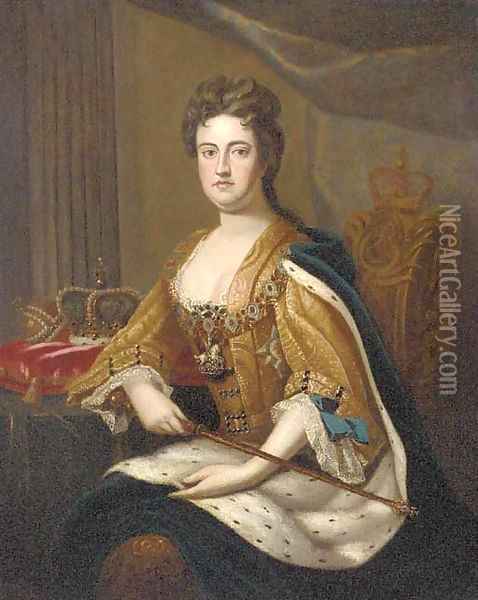 Portrait of Queen Anne (1665-1714), seated three-quarter-length, in coronation robes Oil Painting - Sir Godfrey Kneller
