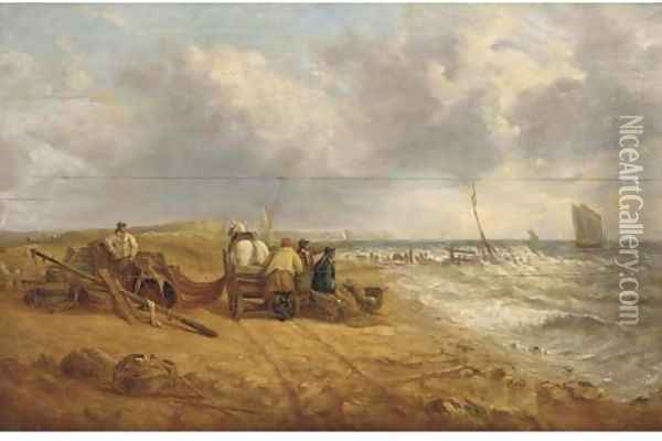 Fishermen on a windy beach Oil Painting - William Joseph Shayer