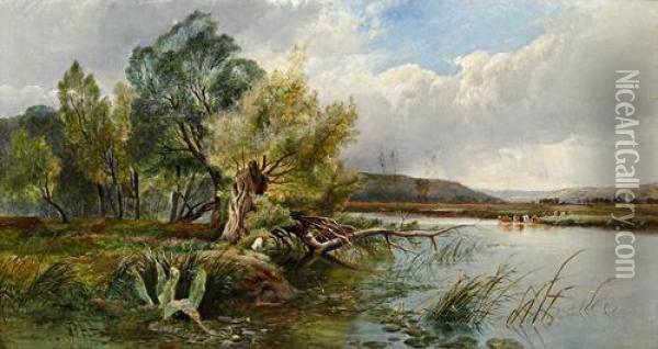 Angler On The Riverbank, With Cattle Watering To The Distance Oil Painting - E Boddington