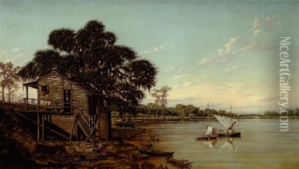 Laundry Day On Lake Pontchartrain Near Mouth Of Tchefunete River With Steamboat In The Distance Oil Painting - Marshall Joseph Smith Jr.