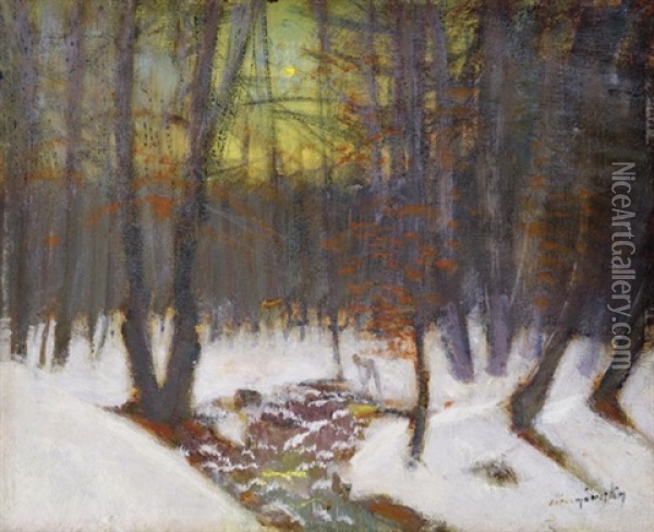 Snowy Forest In The Moonlight Oil Painting - Laszlo Mednyanszky