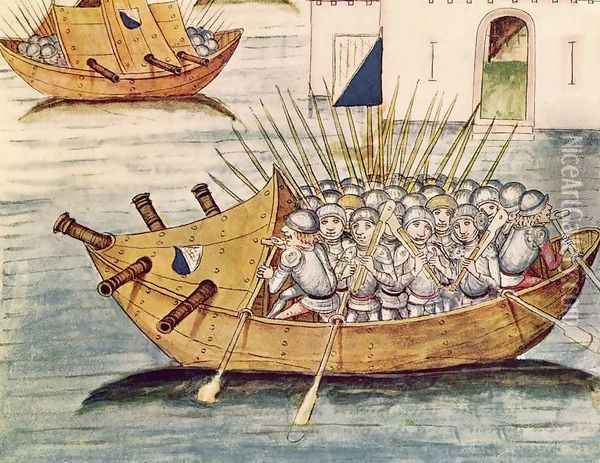 Soldiers armed with guns in a vessel with cannons, from the Berner Chronik, by Diebold Schilling the Elder c.1445-85 1483 Oil Painting - Anonymous Artist