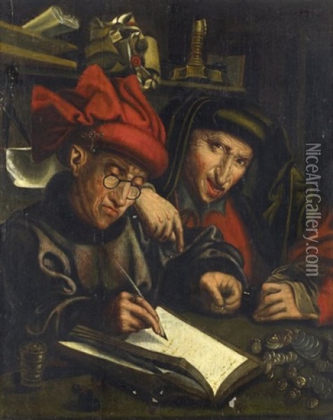 Le Receveur Et Son Assistant Oil Painting - Marinus van Reymerswaele