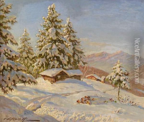Mountain Cabins Under Snow Oil Painting - Constantin Alexandr. Westchiloff