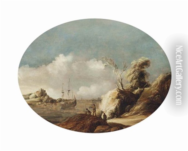 A Coastal Landscape With A Three-master At Anchor, Figures Conversing In The Foreground And A Town Beyond Oil Painting - Gillis (Egidius I) Peeters