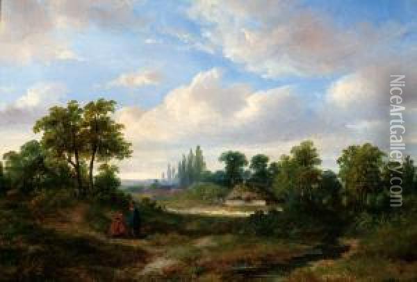 Two Pedestrians In A Landscape Oil Painting - Hermanus Jan Hendrik Rijkelijkhuijsen