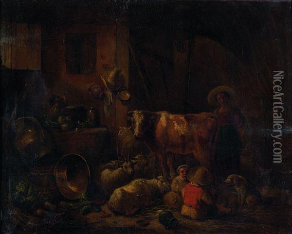 Bergere Et Ses Enfants Dans Une Etable Oil Painting - David The Younger Ryckaert