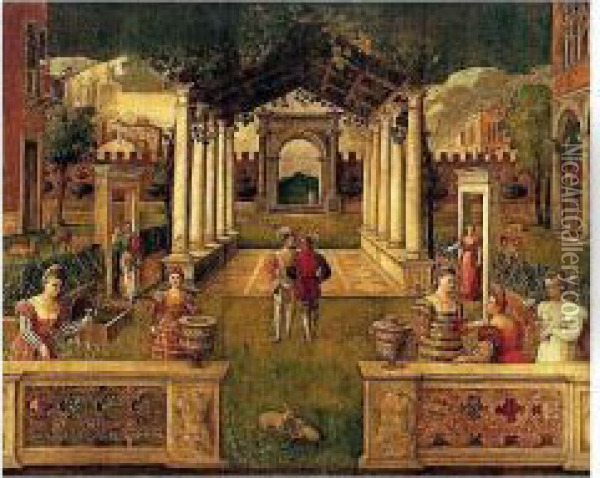 An Architectural Capriccio With 
Elegant Figures And Animals Promenading In An Ornamental Garden Oil Painting - Bonifacio Veronese (Pitati)