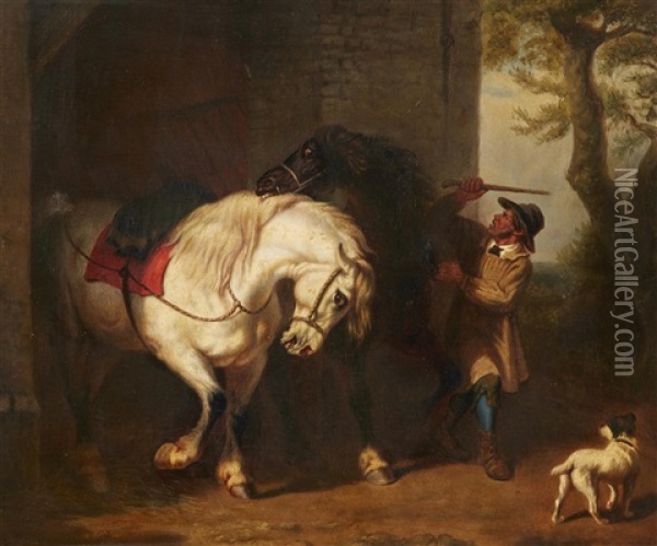 Horses By A Stable Oil Painting - Edmond Tschaggeny