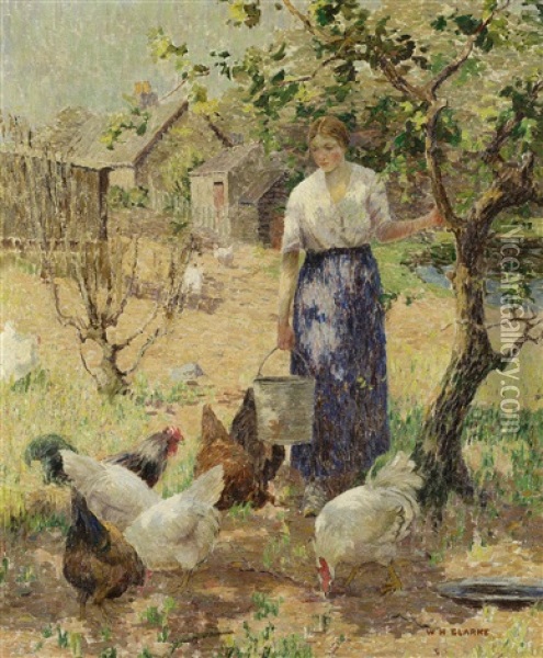 Feeding The Hens Oil Painting - William Hannah Clarke