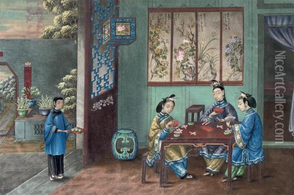 Chinese Interiors With Ladies Gaming, Dancing, And Playing Music Oil Painting - Tingqua Guan Lianchang