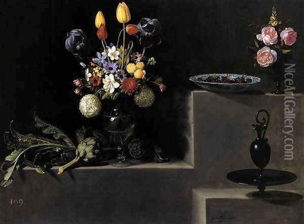 Still Life with Flowers, Artichokes, Cherries and Glassware 1627 Oil Painting - Juan Van Der Hamen